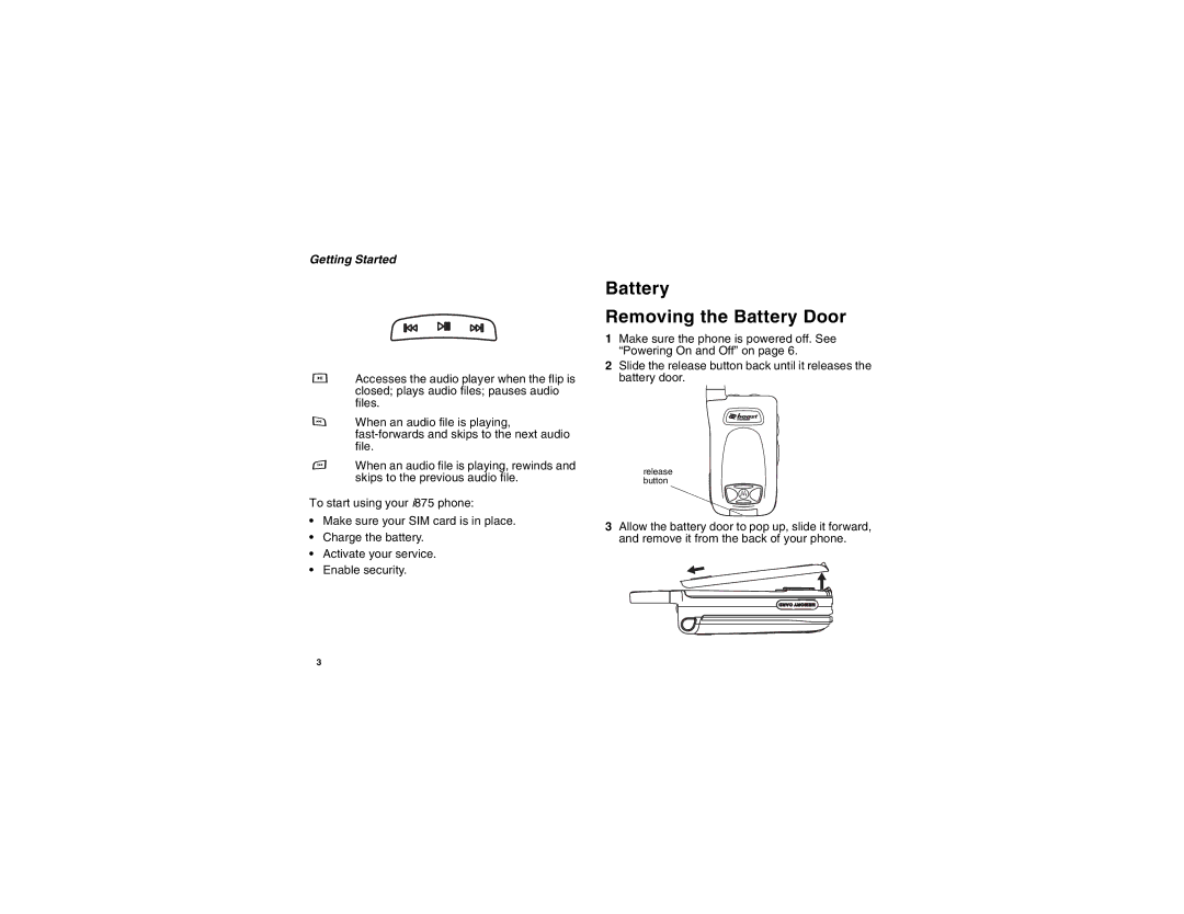 Motorola i875 manual Battery Removing the Battery Door, Getting Started 