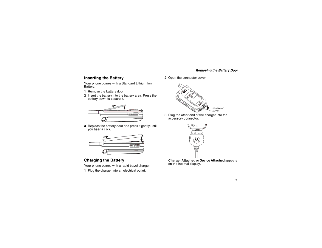 Motorola i875 manual Inserting the Battery, Charging the Battery, Removing the Battery Door 