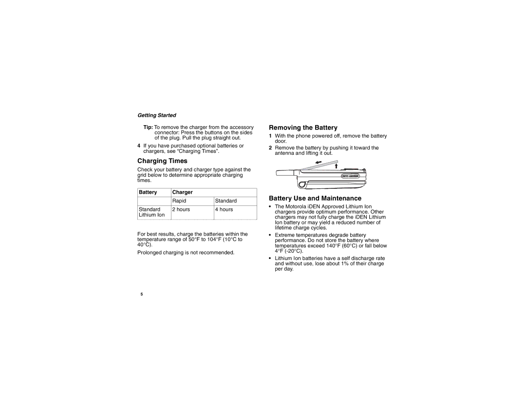 Motorola i875 manual Charging Times, Removing the Battery, Battery Use and Maintenance, Battery Charger 