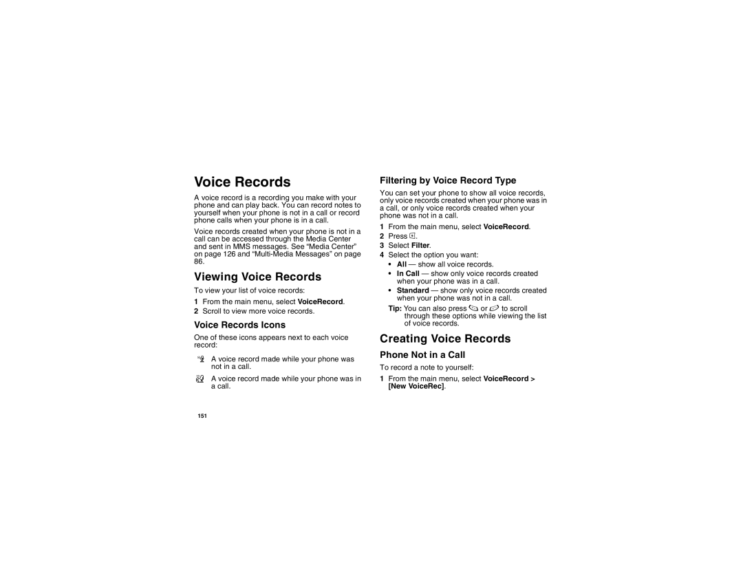 Motorola i875 manual Viewing Voice Records, Creating Voice Records 