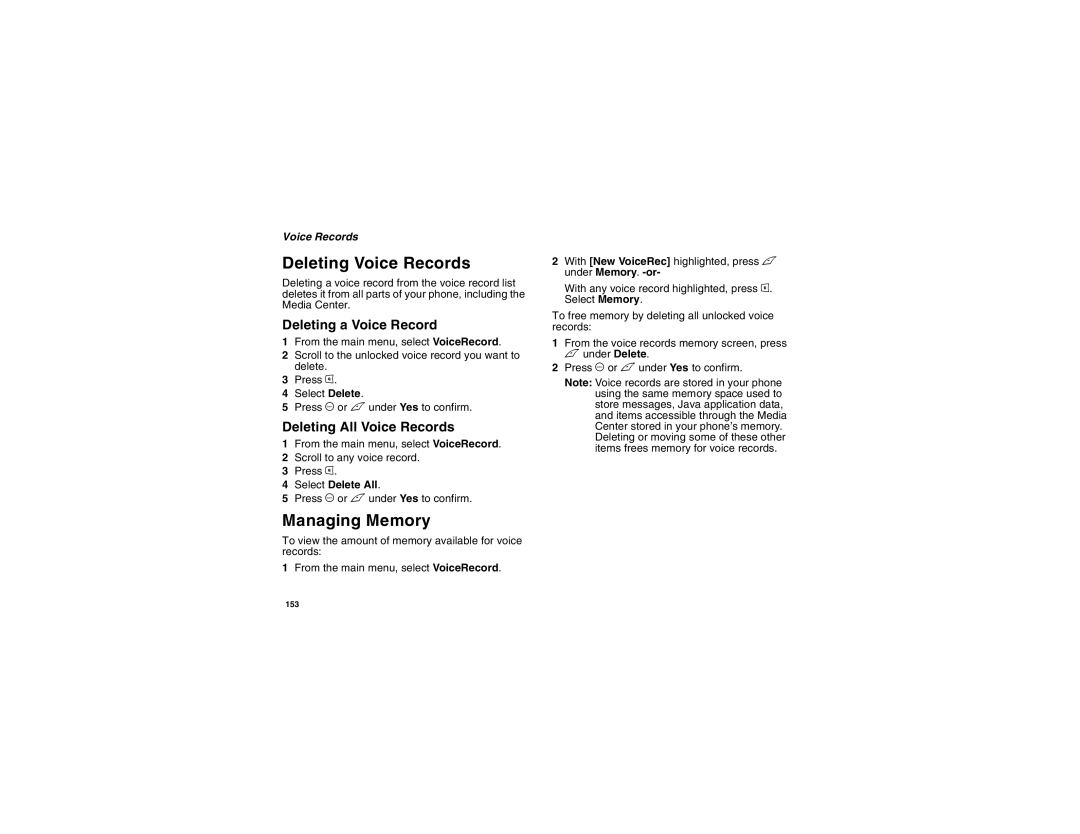 Motorola i875 manual Deleting Voice Records, Deleting a Voice Record, Deleting All Voice Records 