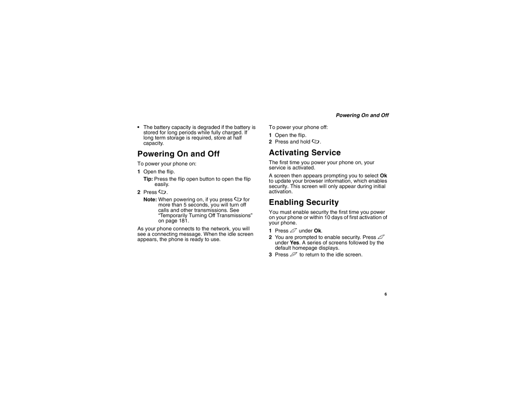 Motorola i875 manual Powering On and Off, Activating Service, Enabling Security 