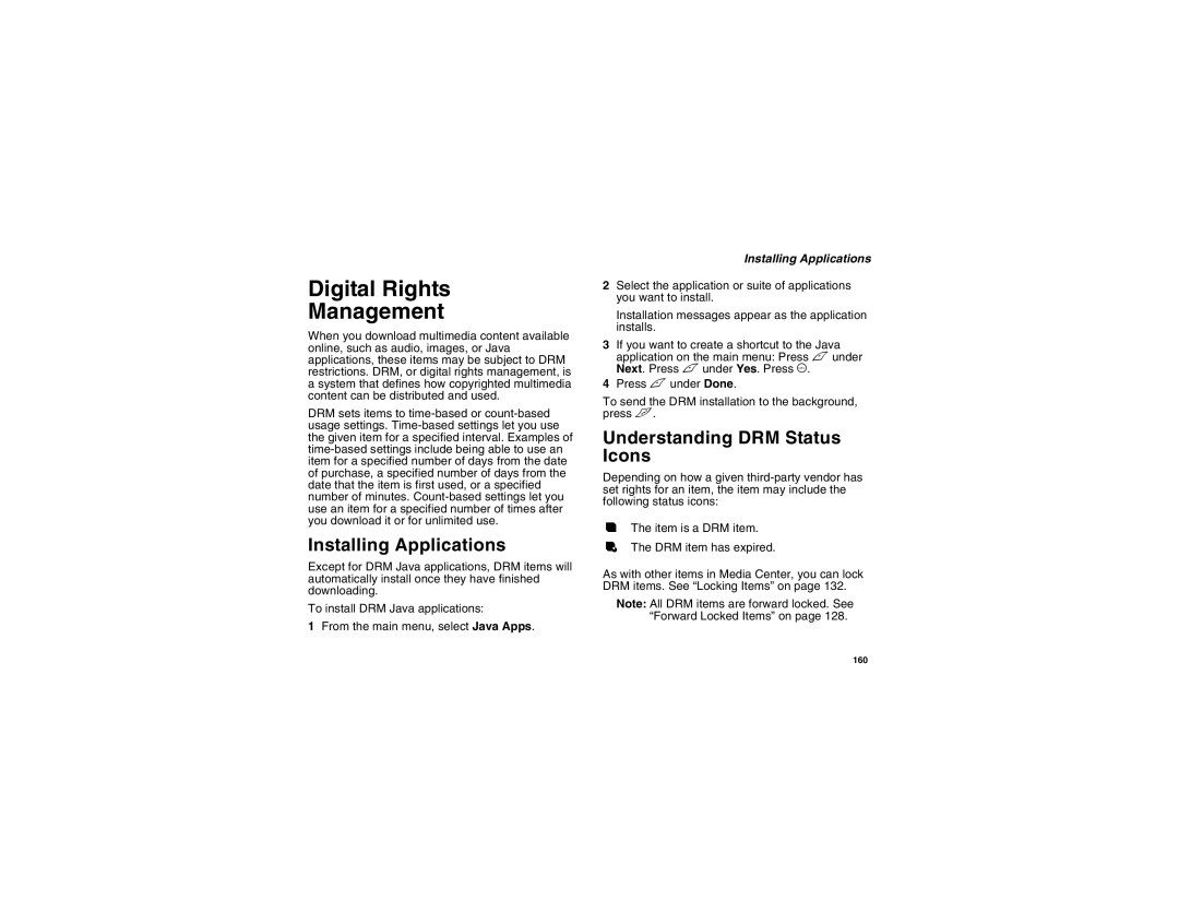 Motorola i875 manual Digital Rights Management, Installing Applications, Understanding DRM Status Icons 