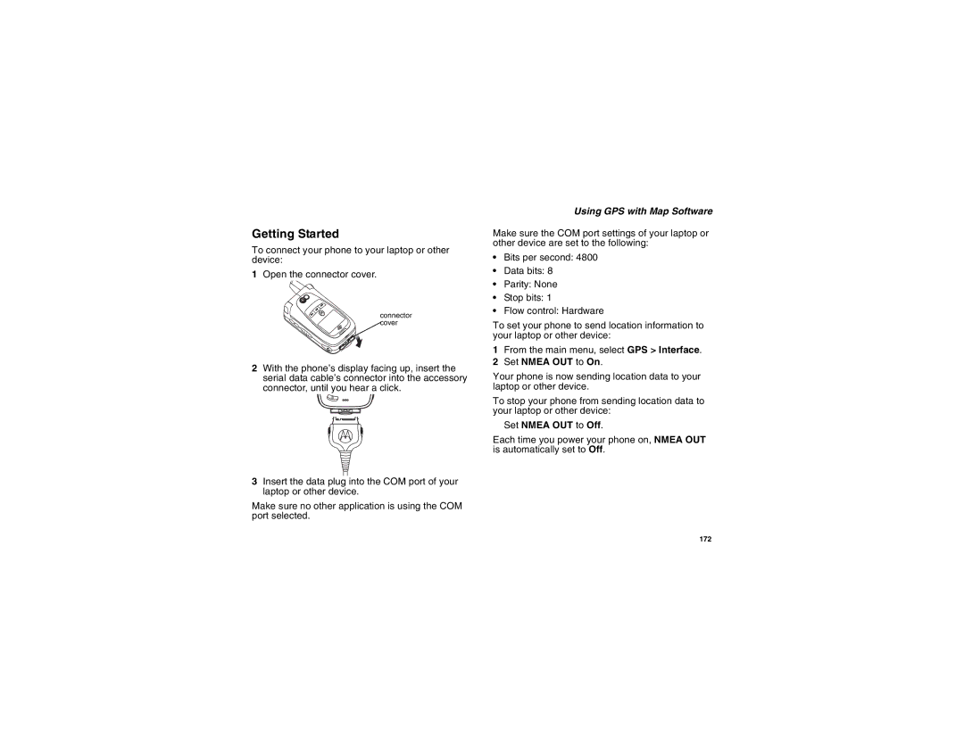 Motorola i875 manual Getting Started, Using GPS with Map Software, Set Nmea OUT to On, Set Nmea OUT to Off 