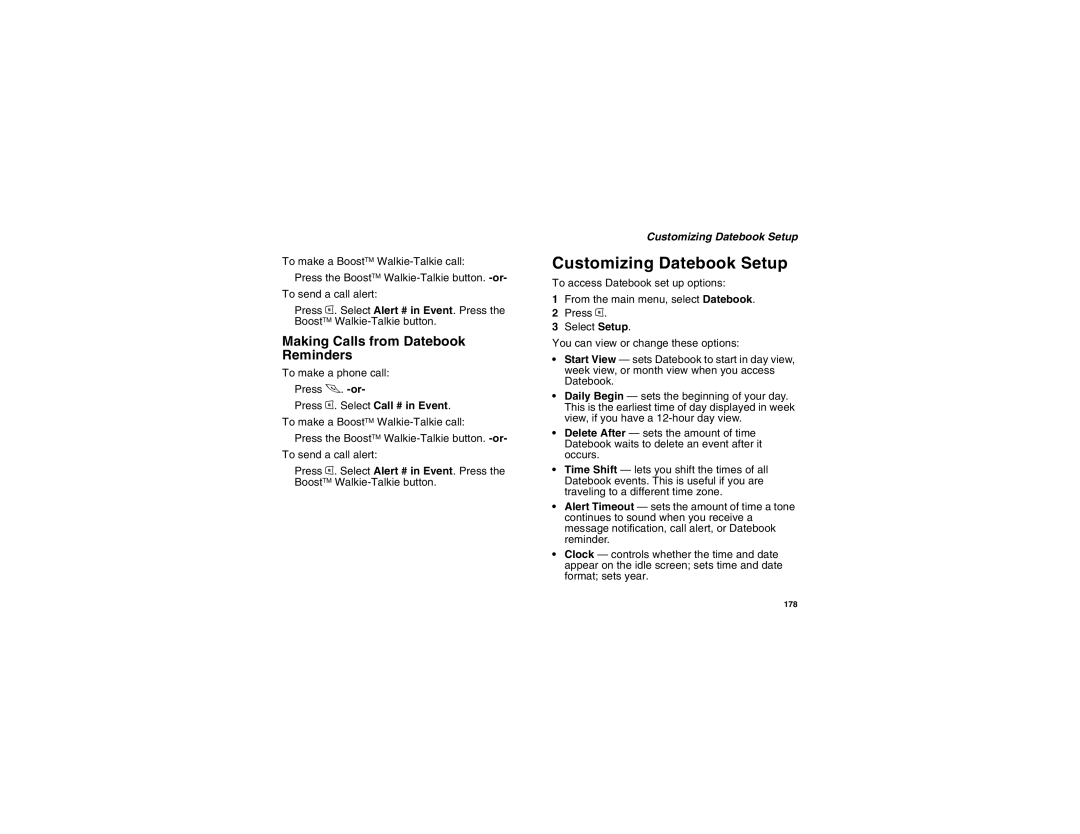 Motorola i875 manual Customizing Datebook Setup, Making Calls from Datebook Reminders 