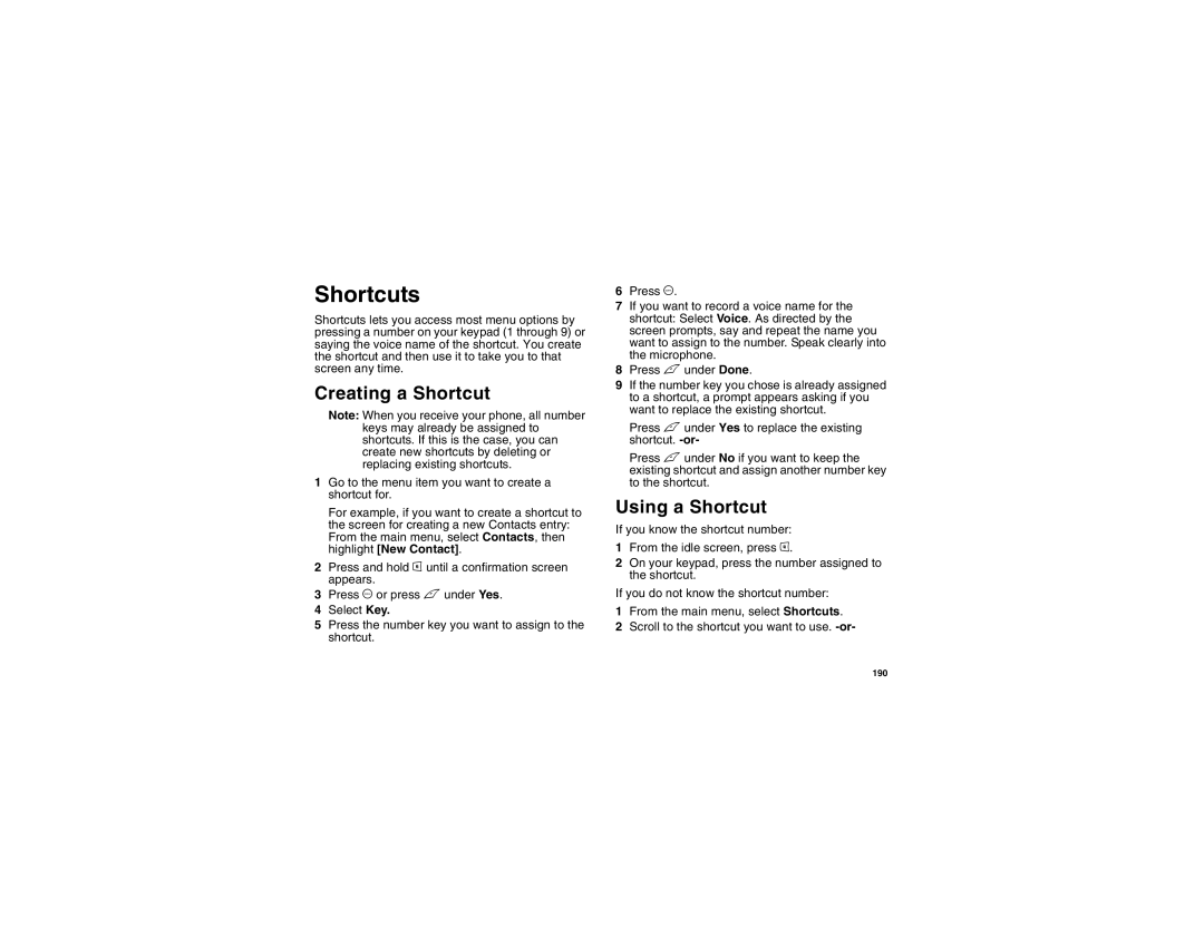 Motorola i875 manual Shortcuts, Creating a Shortcut, Using a Shortcut 