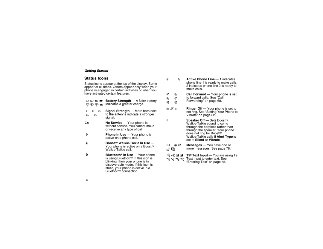 Motorola i875 manual Status Icons, Speaker Off Sets BoostTM, Set to Silent or Vibrate 