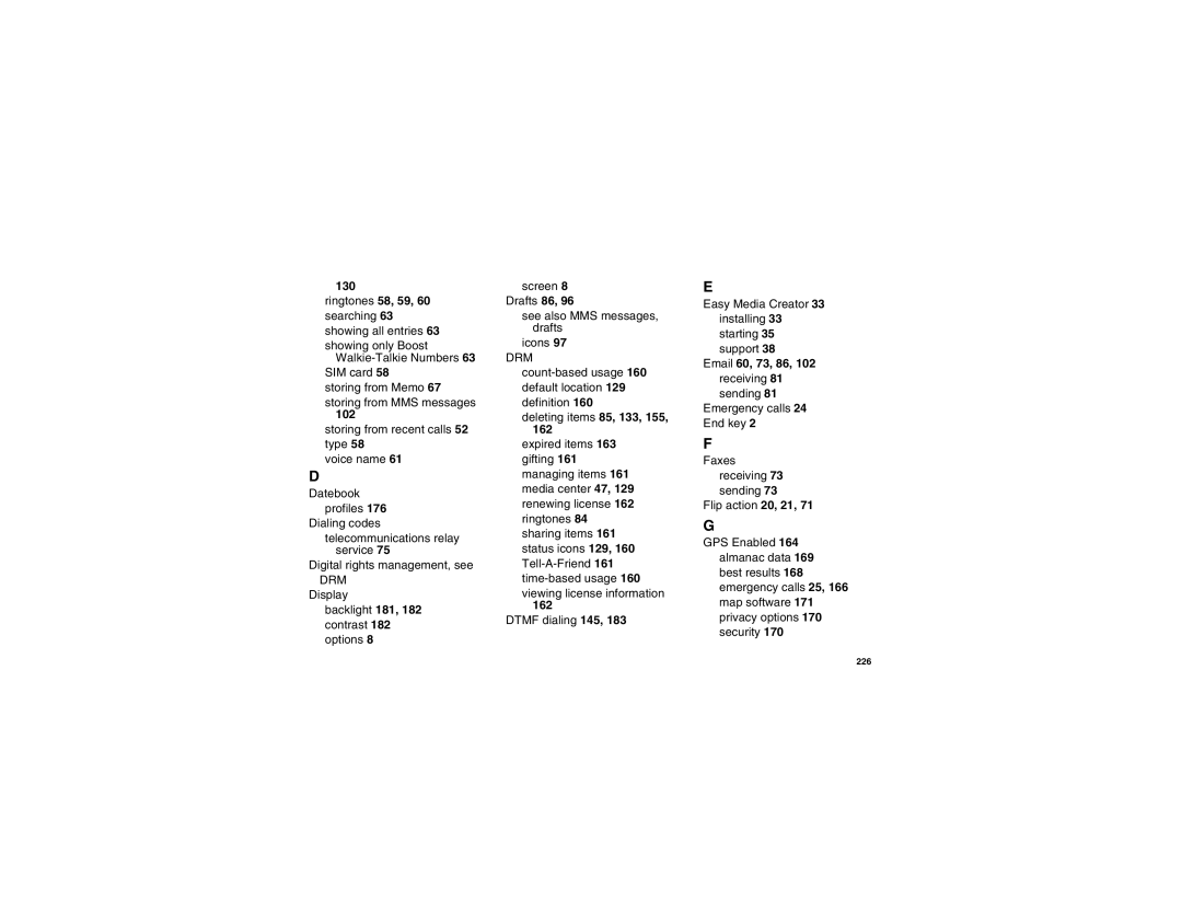 Motorola i875 Ringtones 58, 59, 60 searching 63 showing all entries, 162, Email 60, 73, 86, 102 receiving 81 sending 