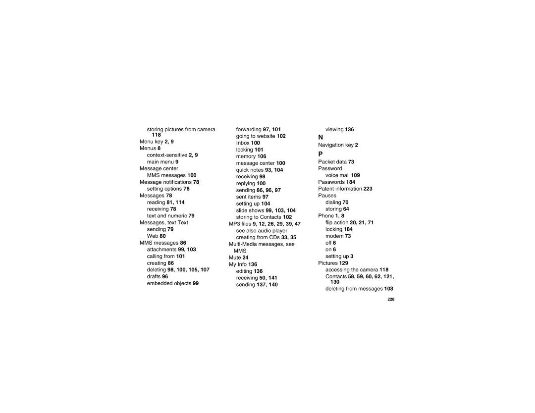 Motorola i875 manual Deleting 98, 100, 105, 107 drafts, Contacts 58, 59, 60, 62, 121 