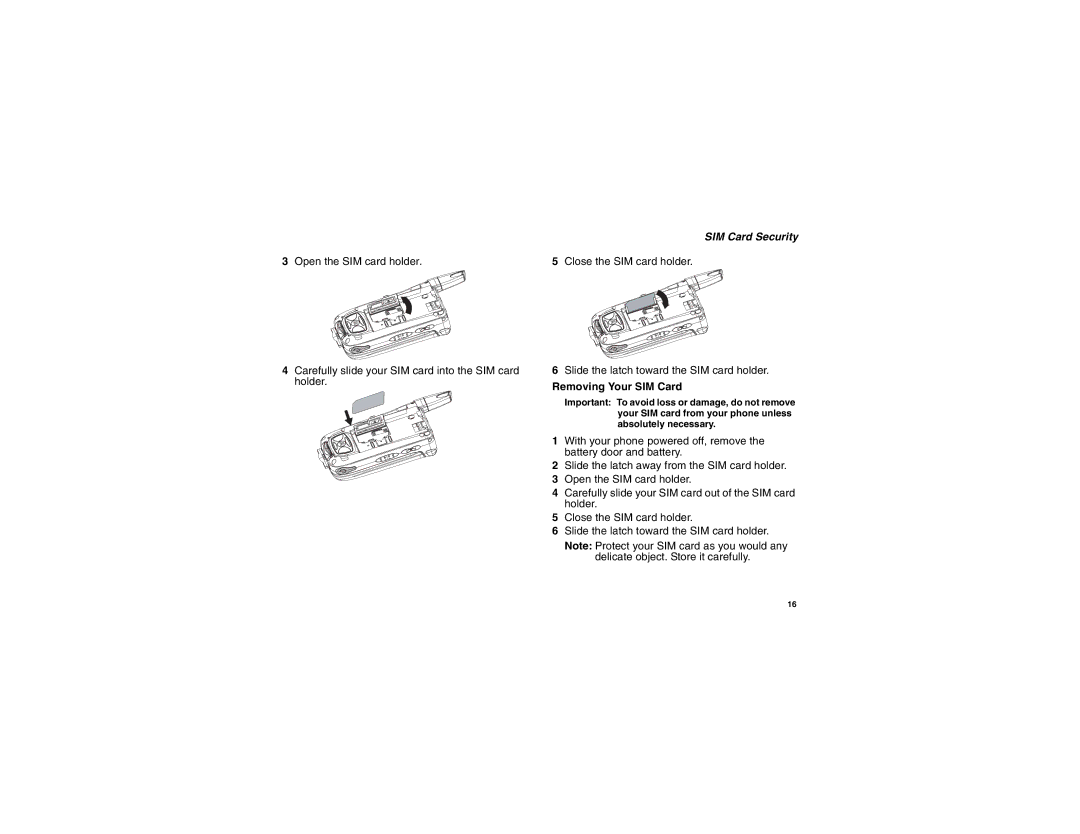 Motorola i875 manual Open the SIM card holder Close the SIM card holder, Removing Your SIM Card 