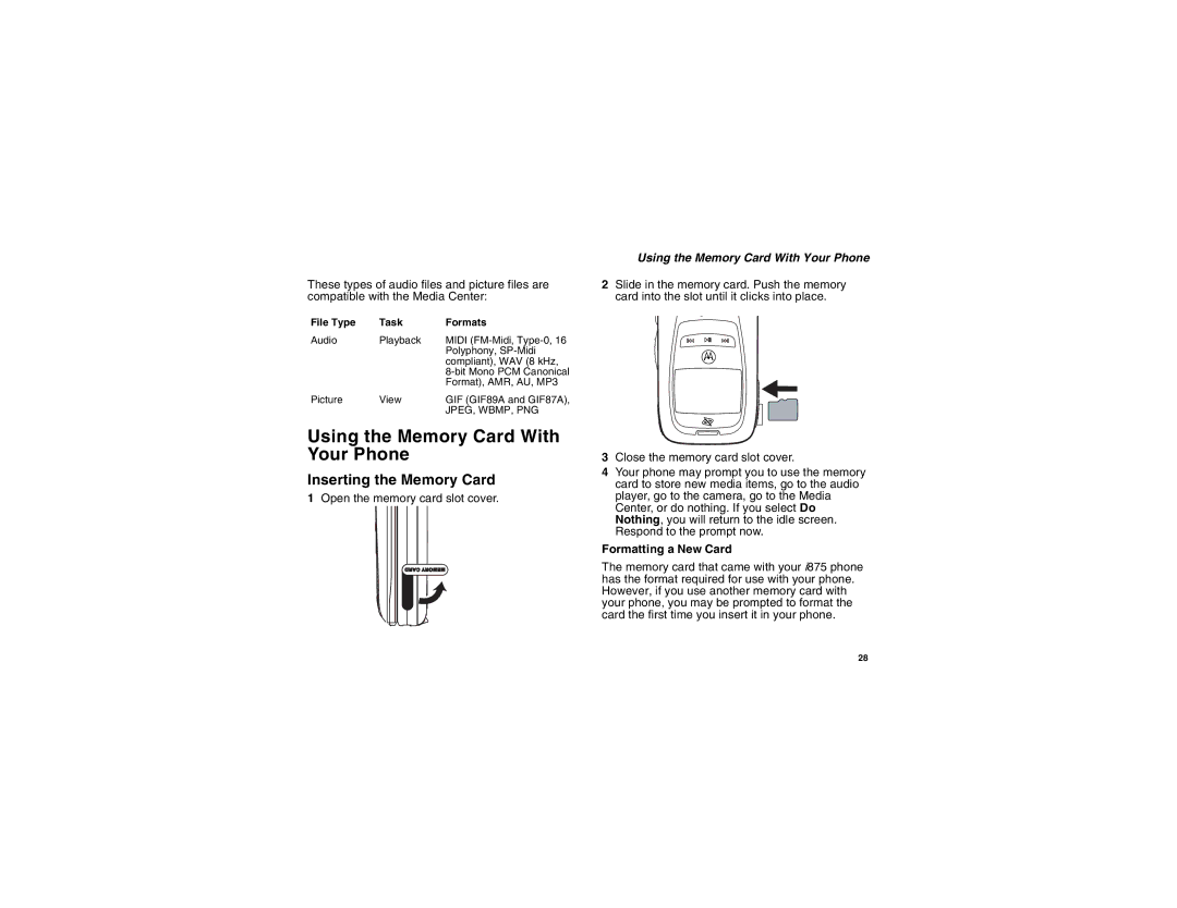 Motorola i875 manual Using the Memory Card With Your Phone, Inserting the Memory Card, Formatting a New Card 