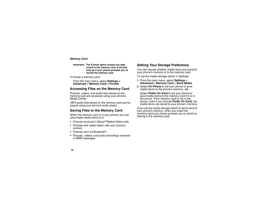 Motorola i875 manual Accessing Files on the Memory Card, Saving Files to the Memory Card, Setting Your Storage Preference 