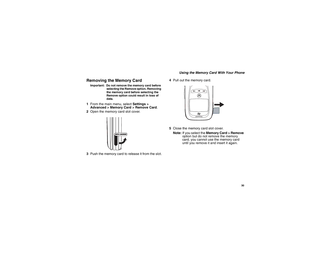 Motorola i875 manual Removing the Memory Card 