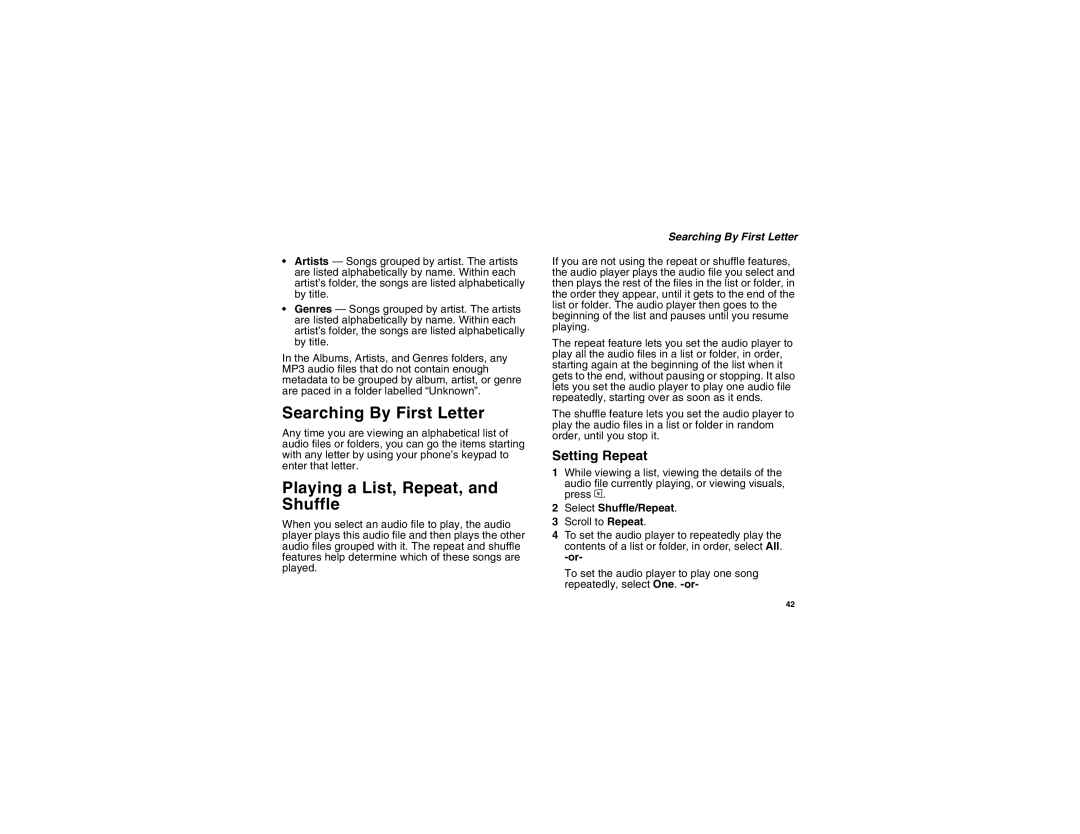 Motorola i875 manual Searching By First Letter, Playing a List, Repeat, and Shuffle, Setting Repeat, Select Shuffle/Repeat 