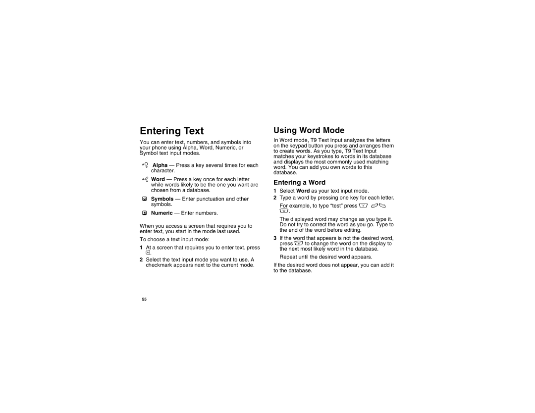 Motorola i875 manual Entering Text, Using Word Mode, Entering a Word 