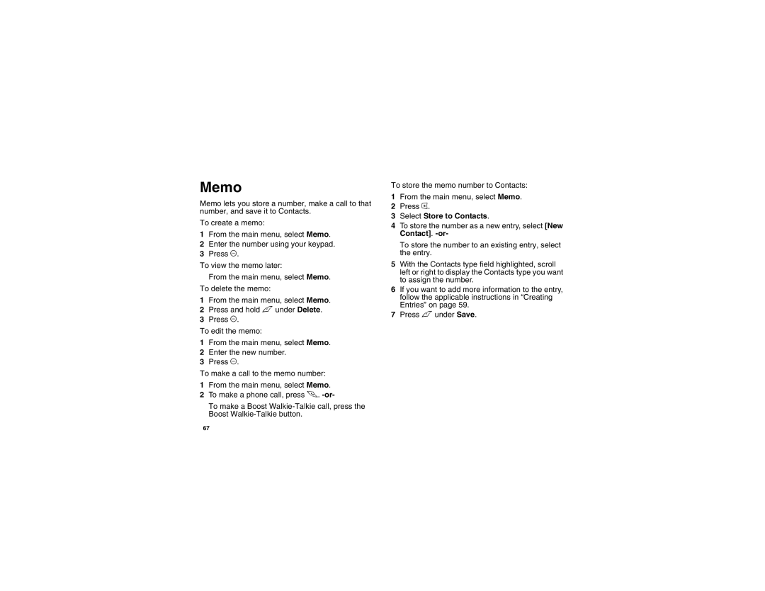 Motorola i875 manual Memo, Select Store to Contacts 