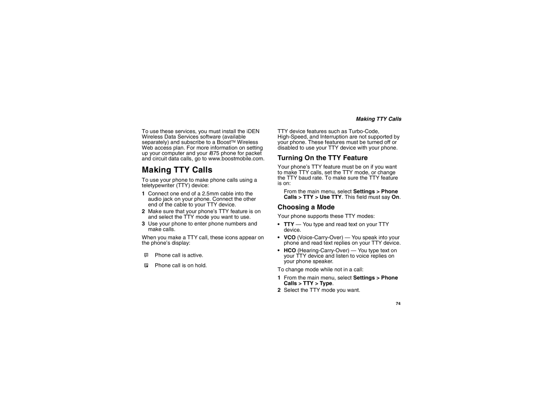 Motorola i875 Making TTY Calls, Turning On the TTY Feature, Choosing a Mode, Calls TTY Use TTY. This field must say On 