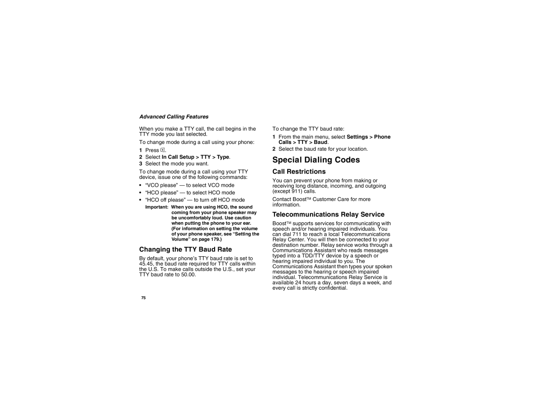 Motorola i875 manual Special Dialing Codes, Changing the TTY Baud Rate, Call Restrictions, Telecommunications Relay Service 