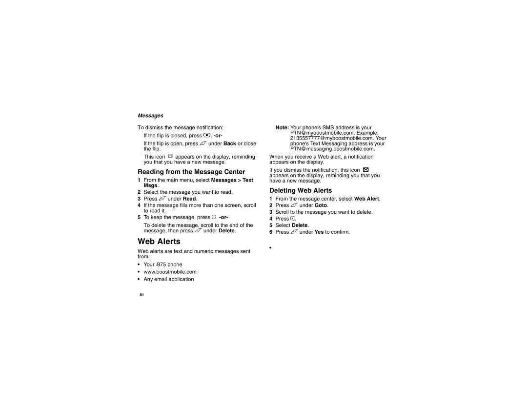 Motorola i875 manual Reading from the Message Center, Deleting Web Alerts 