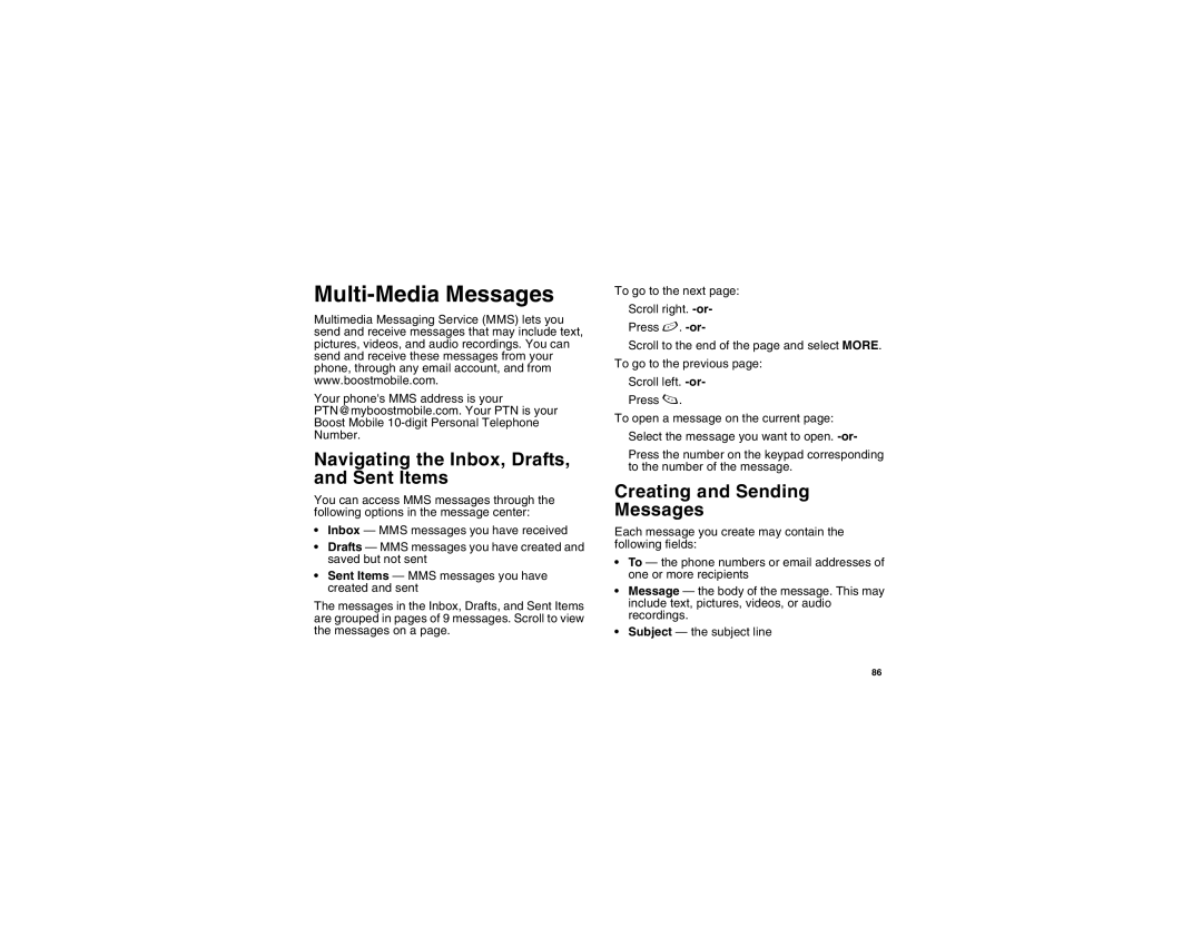 Motorola i875 manual Multi-Media Messages, Navigating the Inbox, Drafts, and Sent Items, Creating and Sending Messages 