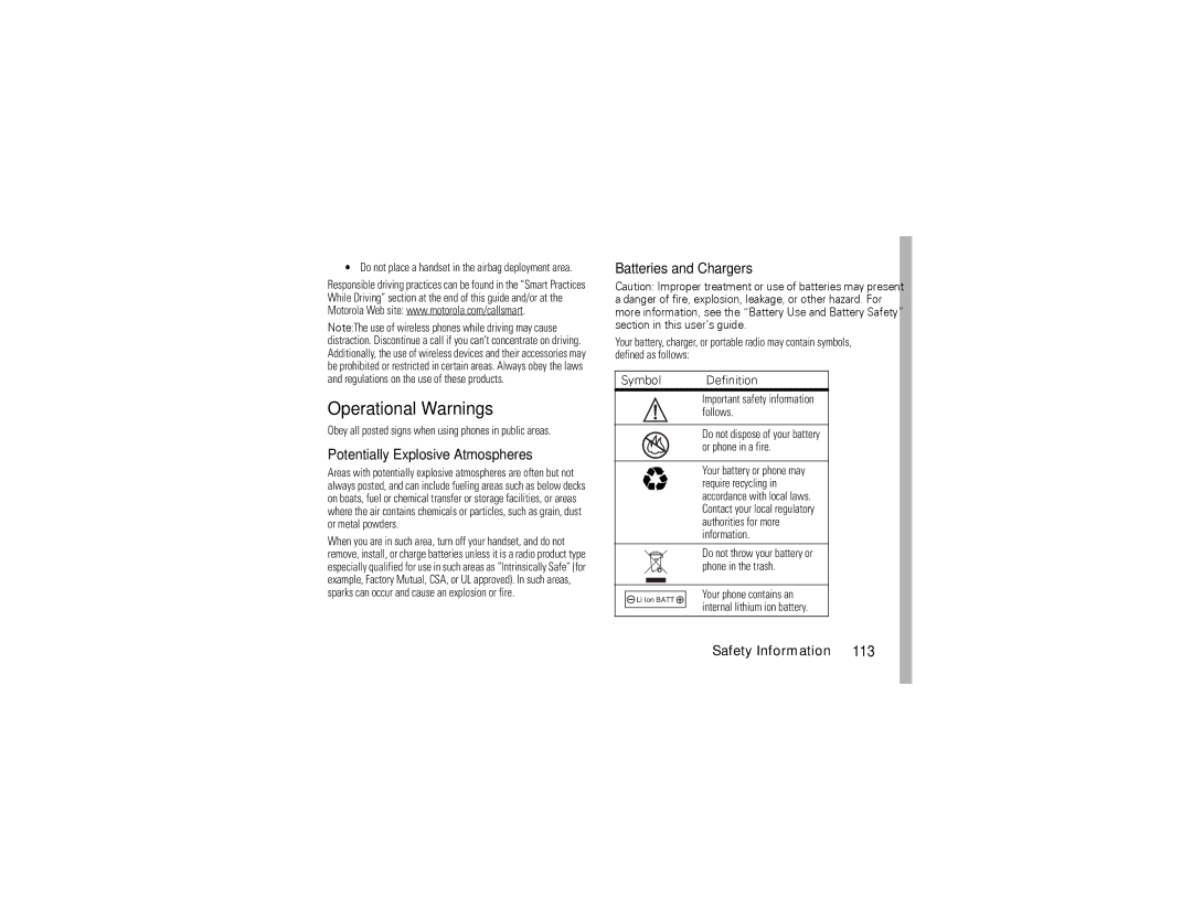 Motorola i876 manual Operational Warnings, Potentially Explosive Atmospheres, Batteries and Chargers, Symbol Definition 