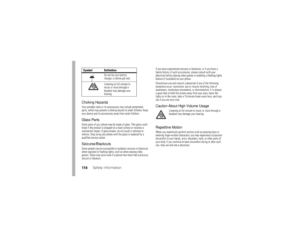 Motorola i876 manual Choking Hazards, Glass Parts, Seizures/Blackouts, Repetitive Motion 