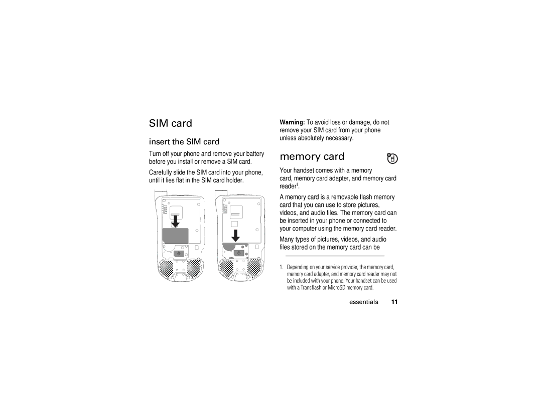 Motorola i876 manual Memory card, Insert the SIM card 