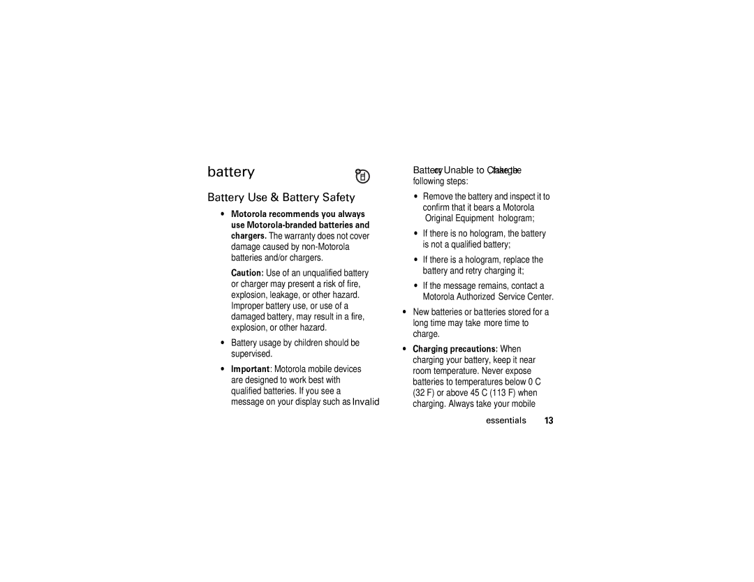 Motorola i876 manual Battery Use & Battery Safety 