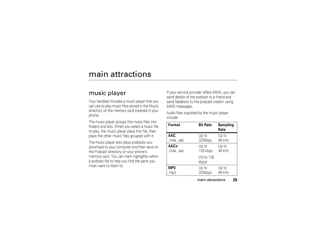 Motorola i876 manual Main attractions, Music player, Format Bit Rate Sampling 