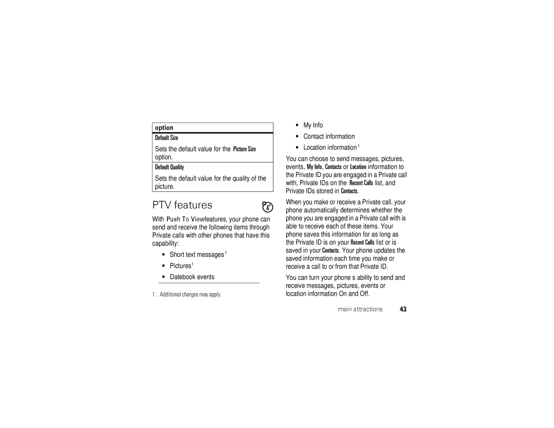 Motorola i876 manual PTV features, Default Size, Default Quality 