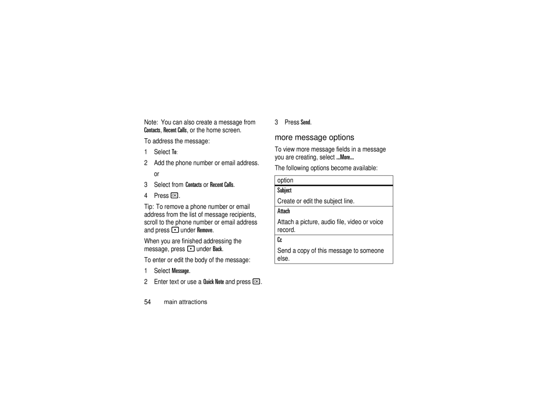 Motorola i876 manual More message options, Select from Contacts or Recent Calls, Subject, Attach 