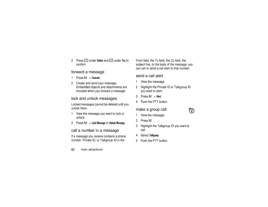 Motorola i876 manual Forward a message, Lock and unlock messages, Call a number in a message, Send a call alert 