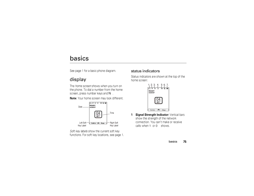 Motorola i876 manual Basics, Display, Status indicators 