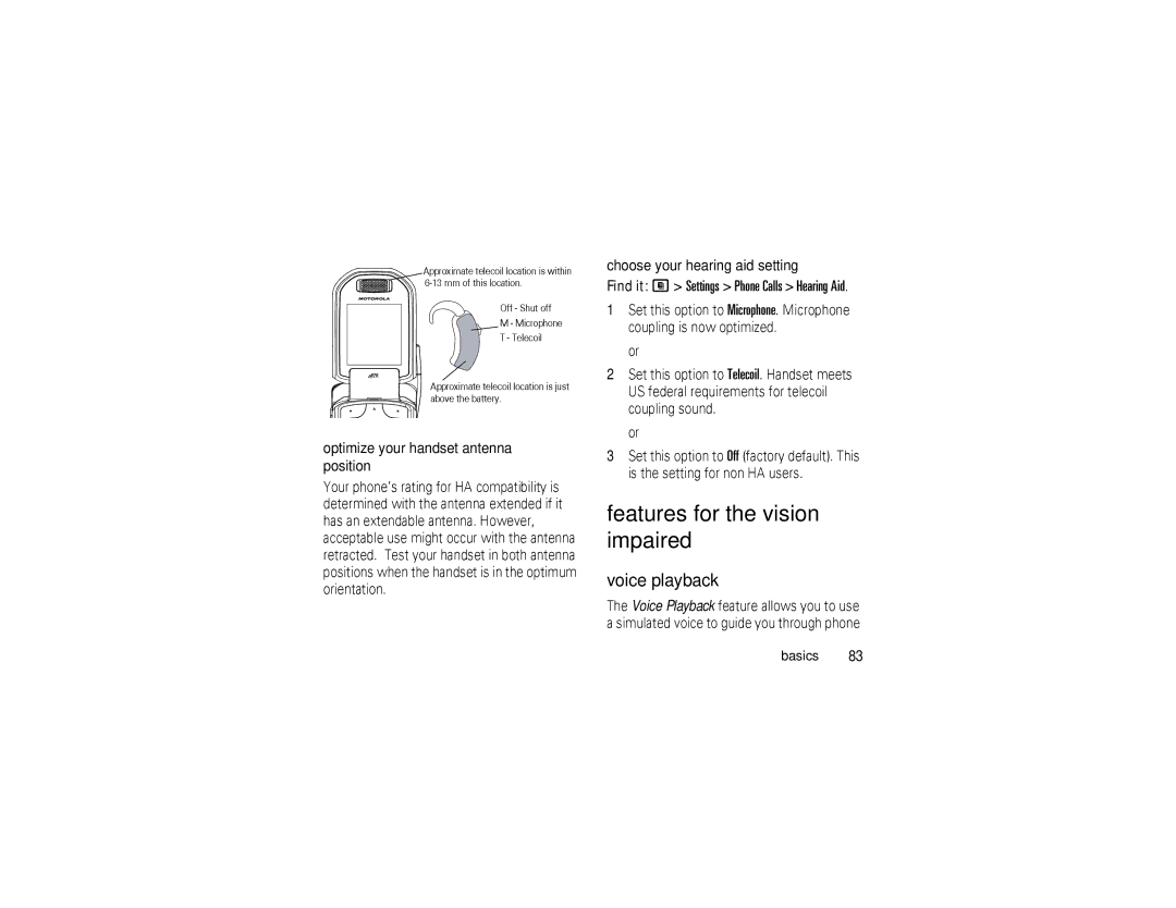 Motorola i876 manual Features for the vision impaired, Voice playback, Optimize your handset antenna position 