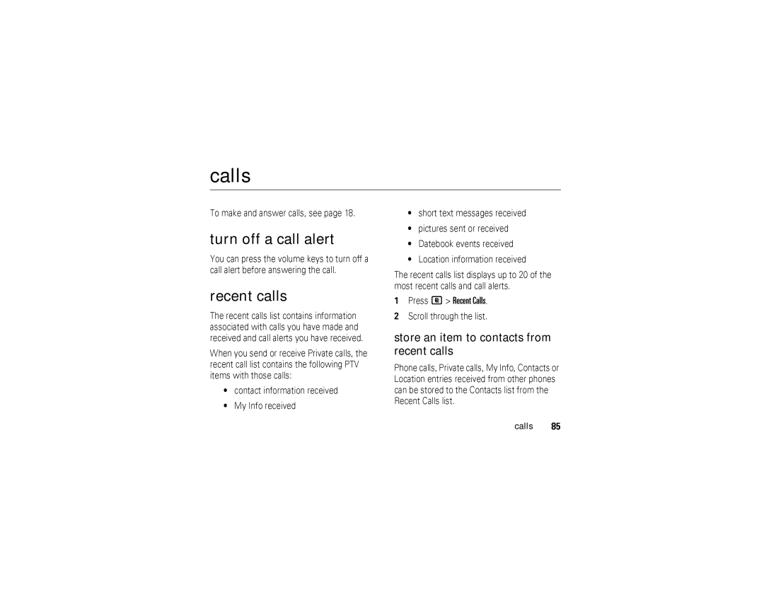 Motorola i876 manual Calls, Turn off a call alert, Recent calls, Store an item to contacts from recent calls 