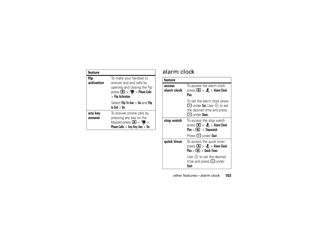 Motorola i877 manual Alarm clock, Press M u Phone Calls, Flip Activation, To End On, Start 