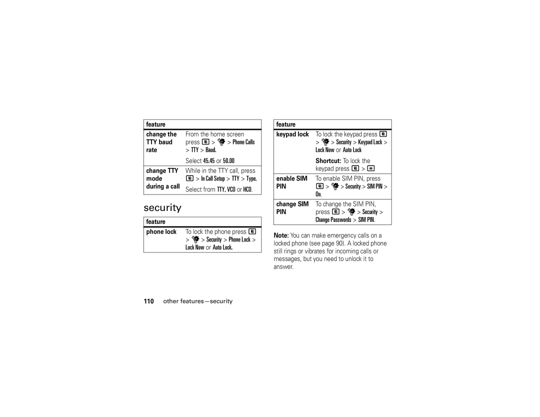 Motorola i877 manual Security, TTY Baud, Select 45.45 or, Lock Now or Auto Lock 