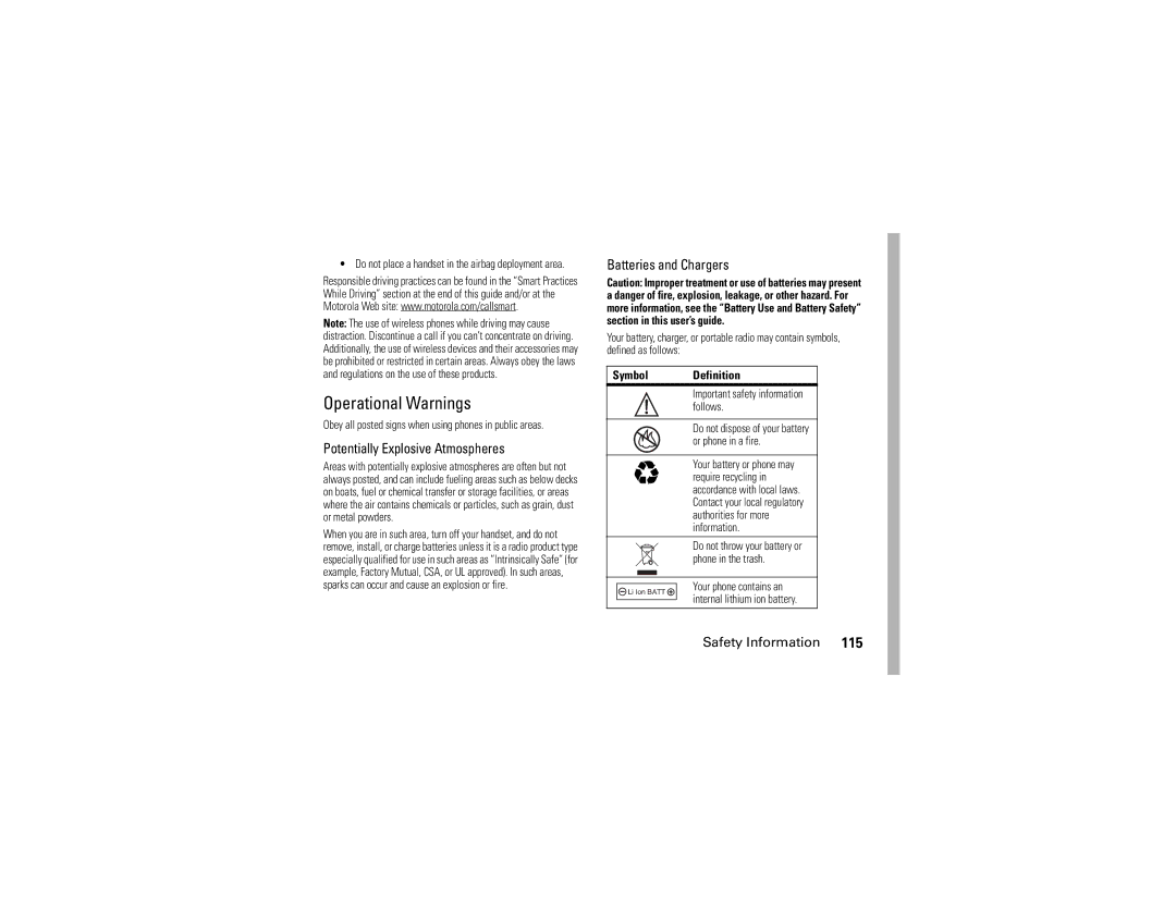 Motorola i877 manual Operational Warnings, Potentially Explosive Atmospheres, Batteries and Chargers, Symbol Definition 