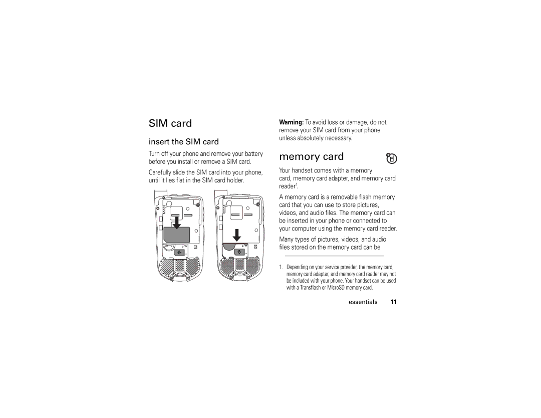 Motorola i877 manual Memory card, Insert the SIM card 