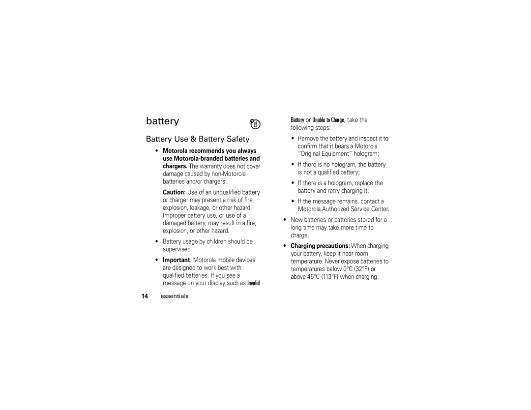 Motorola i877 manual Battery Use & Battery Safety 