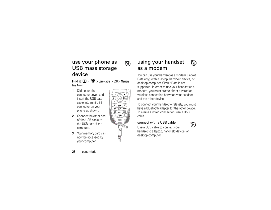 Motorola i877 manual Use your phone as USB mass storage device, Using your handset as a modem, Connect with a USB cable 