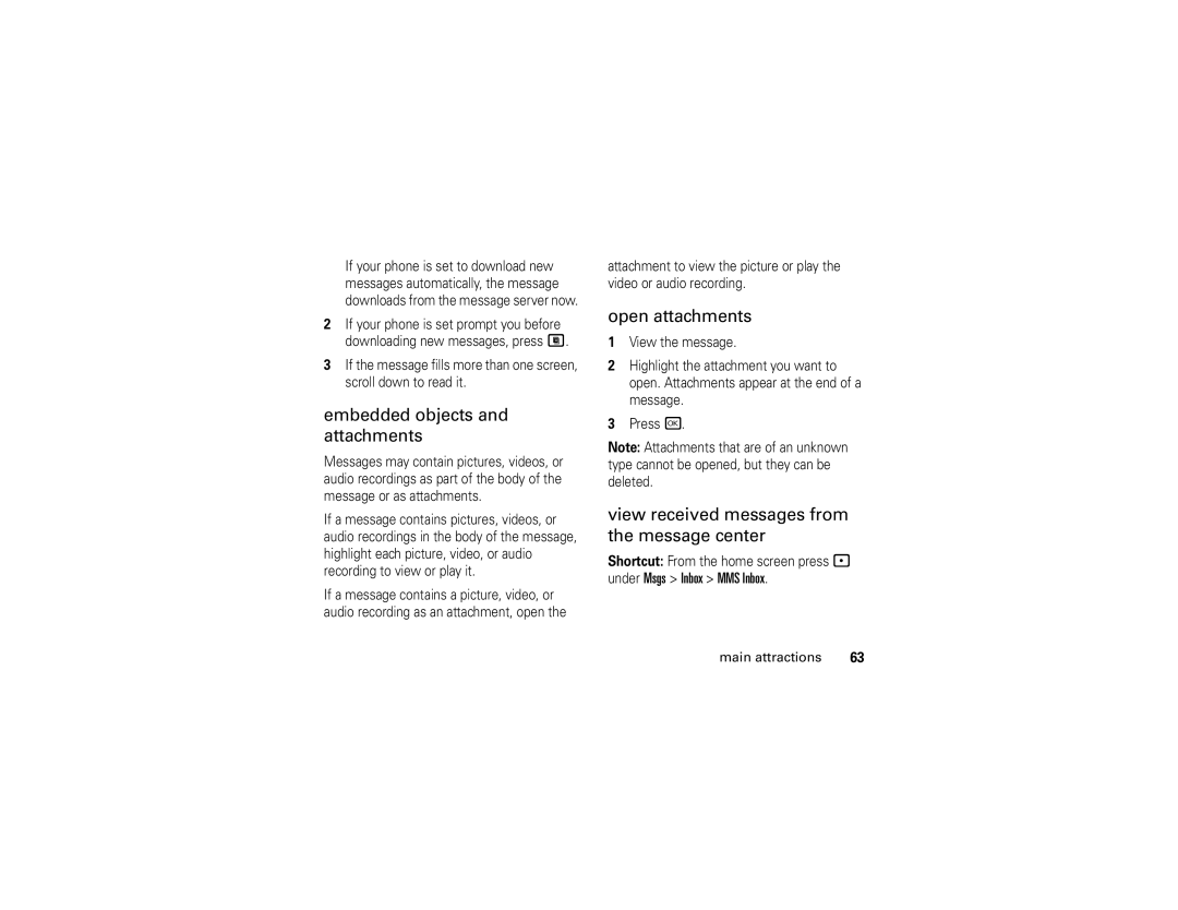 Motorola i877 manual Embedded objects and attachments, Open attachments, View received messages from the message center 