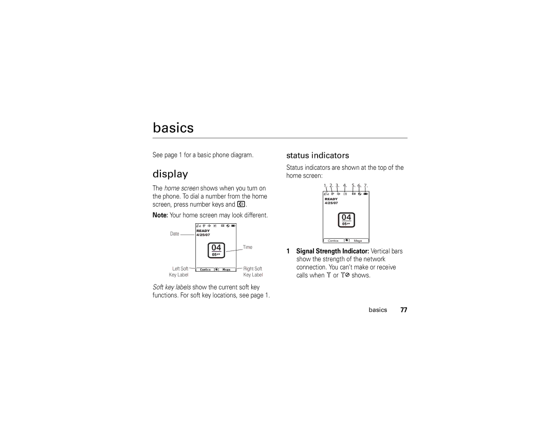 Motorola i877 manual Display, Status indicators, Basics 