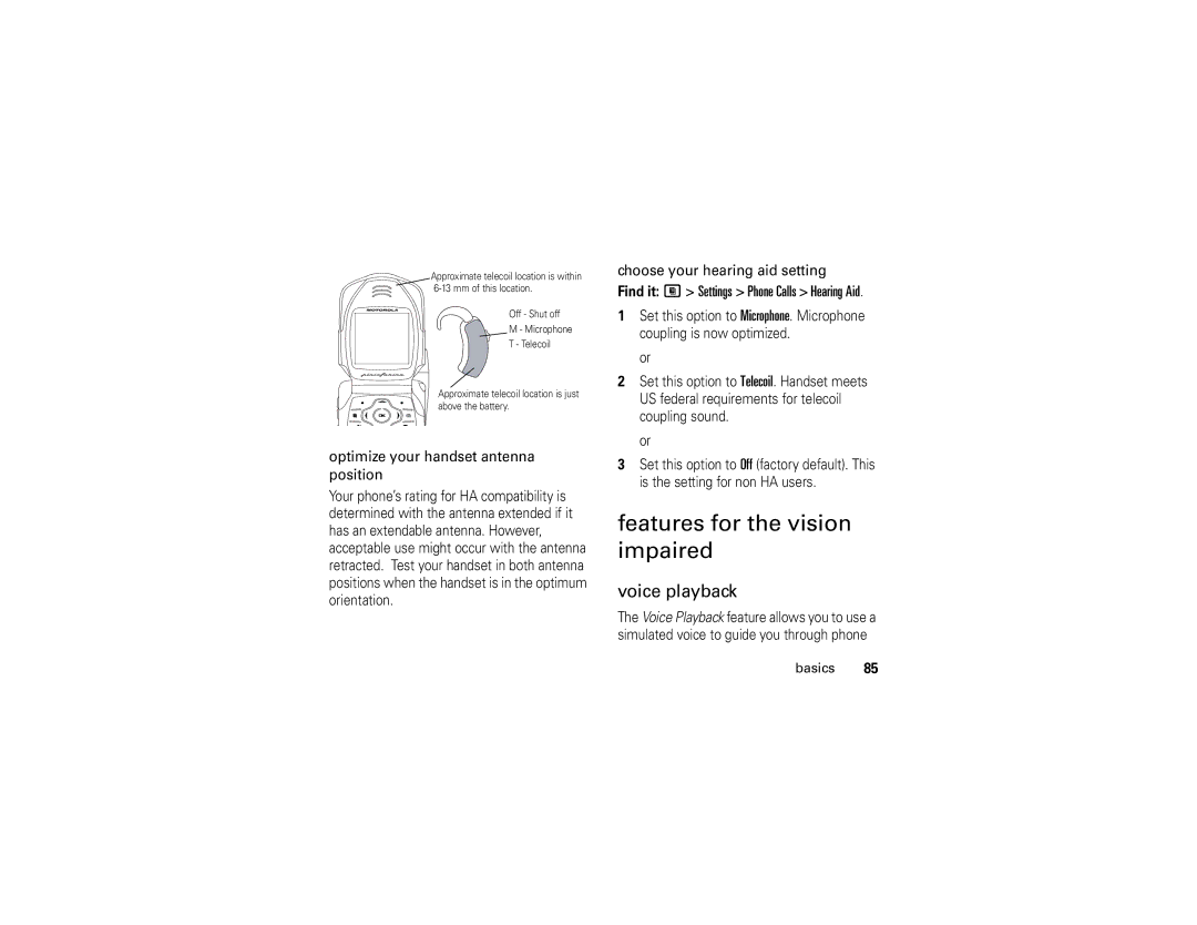 Motorola i877 manual Features for the vision impaired, Voice playback, Optimize your handset antenna position 