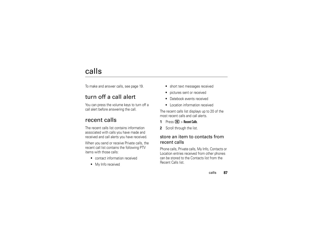 Motorola i877 manual Turn off a call alert, Recent calls, Store an item to contacts from recent calls, Press M Recent Calls 