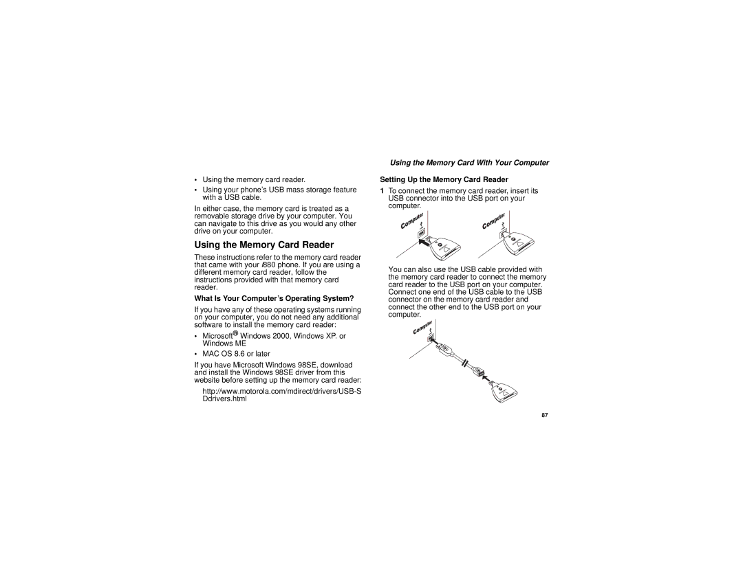 Motorola i880 Using the Memory Card Reader, What Is Your Computer’s Operating System?, Setting Up the Memory Card Reader 