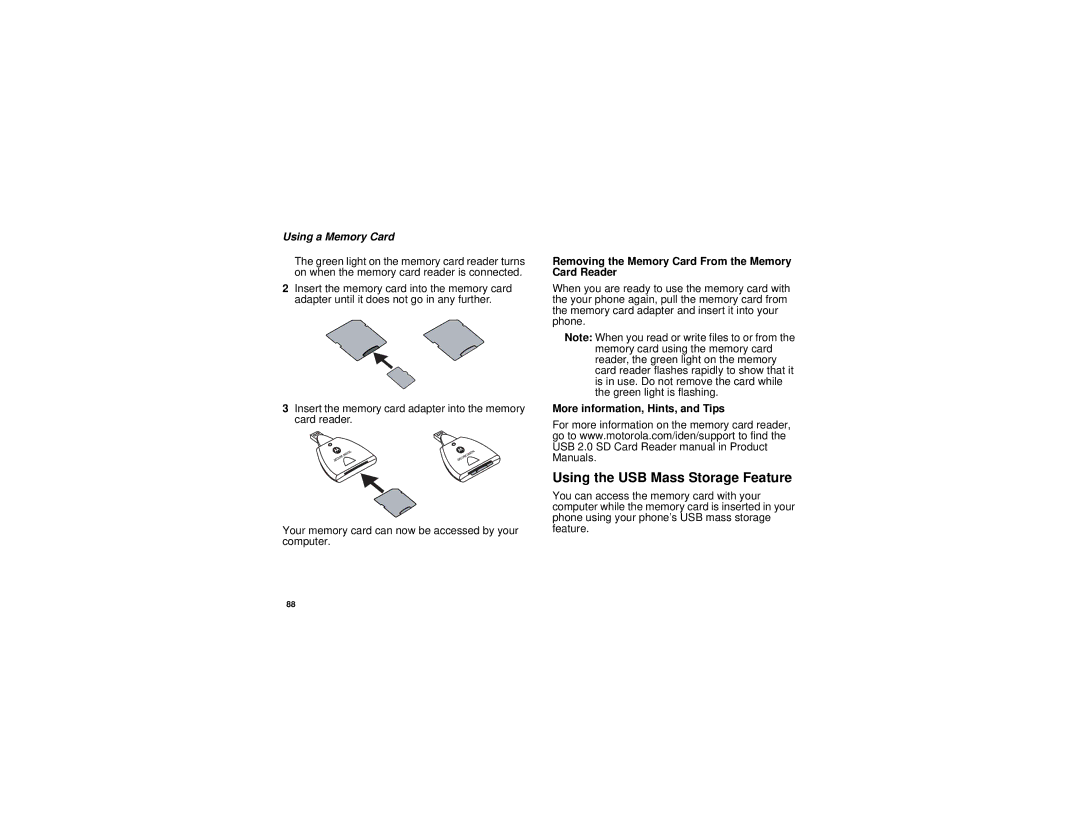 Motorola i880 manual Using the USB Mass Storage Feature, Removing the Memory Card From the Memory Card Reader 