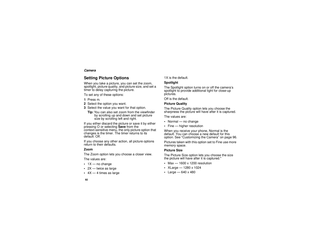 Motorola i880 manual Setting Picture Options, Camera 