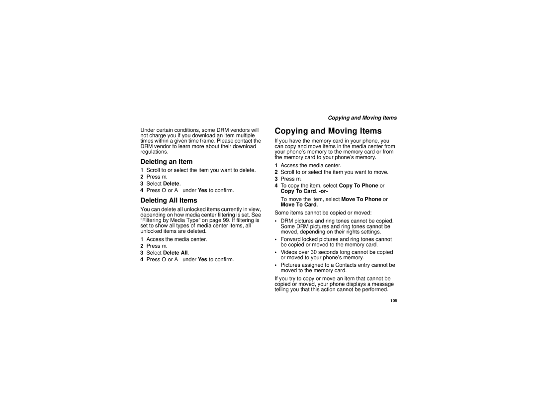 Motorola i880 manual Copying and Moving Items, Deleting an Item, Deleting All Items 