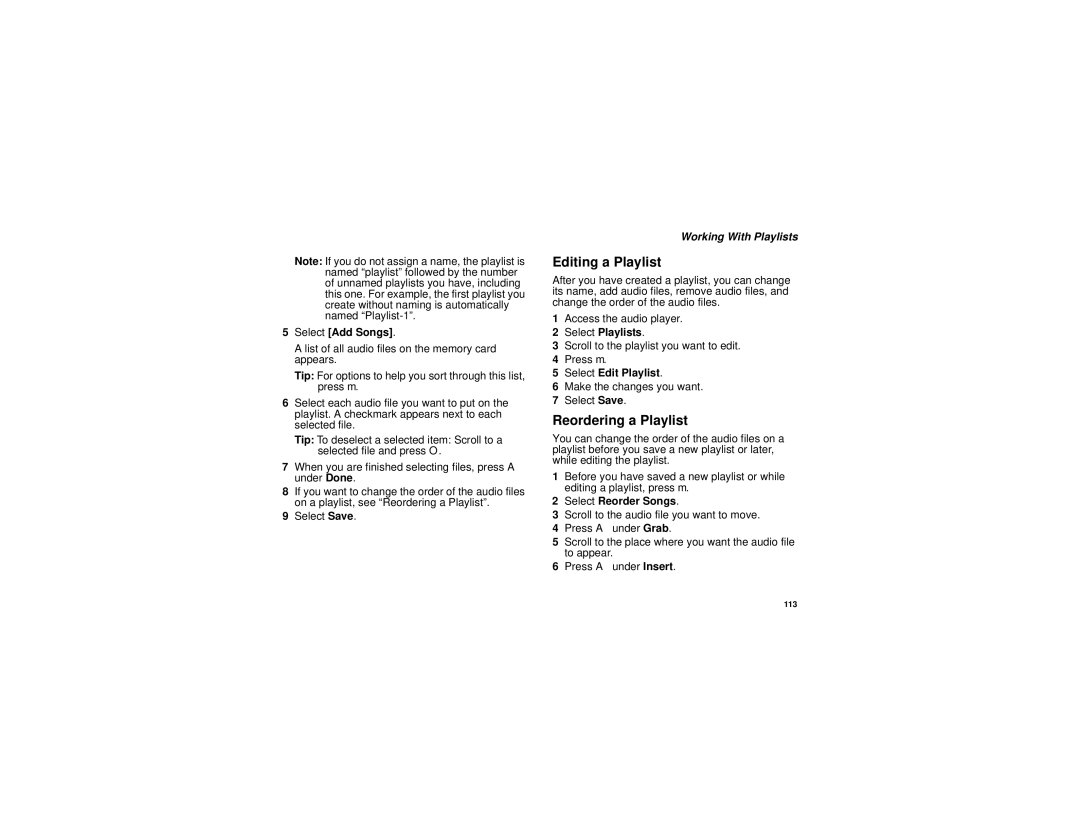 Motorola i880 manual Editing a Playlist, Reordering a Playlist, Working With Playlists 